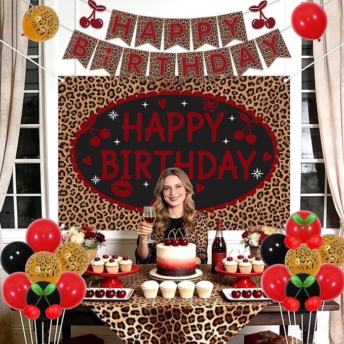 Cheereveal Cheetah Cherry Birthday Party Decorations Kit, Happy Birthday Leopard Backdrop Banner, Cherry Cake Topper Cupcake Picks, Safari Red Black Leopard Print Balloons for Girls Women Bachelorette