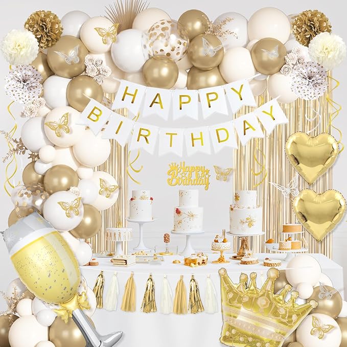 White and Golden Birthday Party Decorations Happy Birthday Banner Fringe Curtains Butterfly Gold White Sand Confetti Foil Balloons Happy Birthday