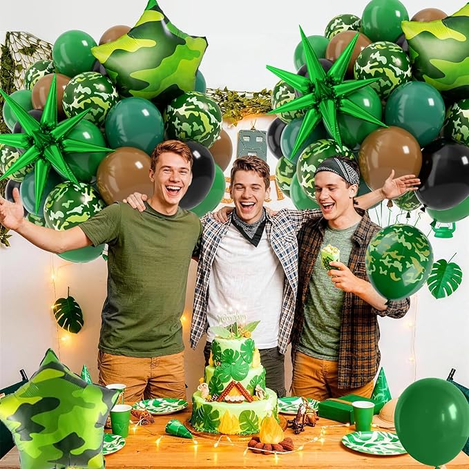 Camo Balloons, 12 Inch Green and Brown Party Balloons Camouflage Party Decoration with Star Foil Balloon for Hunting Camping Game Jungle Theme Camo Birthday Party Decorations