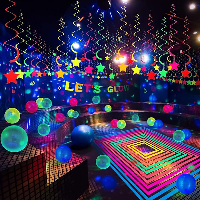 Chuangdi 44 Pcs Neon Birthday Party Decoration Glow in The Dark Party Supplies Includes Let's Glow Banner Star Hanging Swirl Fluorescent Balloons UV Black Light Reactive Tape Neon Dots