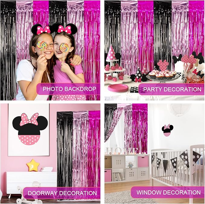 LOLStar 3 Pack Cartoon Mouse Birthday Party Supplies,3.3x6.6 ft Black Pink Fuchsia Tinsel Foil Fringe Curtains,Cartoon Mouse Photo Booth Prop Streamer Backdrop, Kawaii Party Decoration for Girls Baby