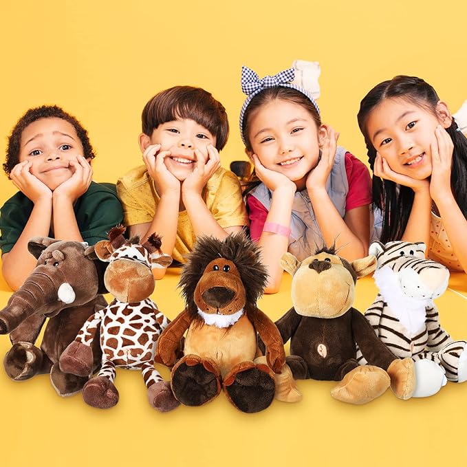 Zhanmai 6 Pieces Safari Stuffed Animals Plush Jungle Toys Set for Boys Girls, Lion Elephant Zebra Giraffe Tiger Monkey for Animal Themed Parties Student Party Decoration(Novel Style)