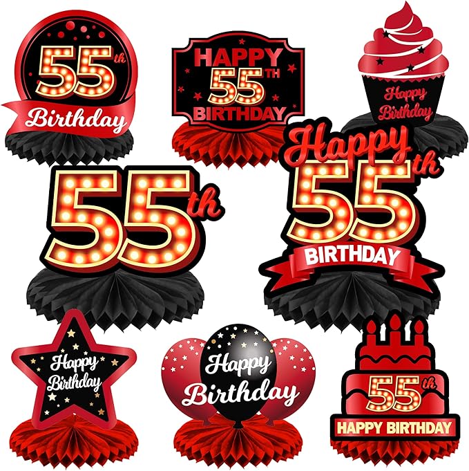 Happy 55th Birthday Red and Black Table Honeycomb Centerpieces Balloons Theme Decor Table Decorations Table Toppers for Girls Women Princess 55 Years Old Birthday Party Bday Supplies Background Gold
