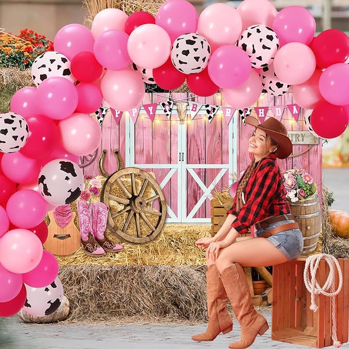 Cowgirl Birthday Party Supplies Western Party Decorations Includes 65pcs Cowgirl Balloons and 1pcs Western Backdrop for Cowboy Rodeo Birthday Country Decorations Supplies(Pink)