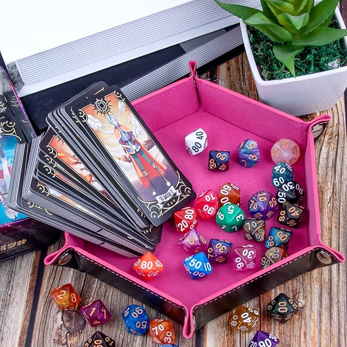 SIQUK 2 Pieces Dice Tray PU Leather Dice Folding Hexagon Tray Dice Holder for Dice Games Like RPG, DND and Other Table Games (Pink, Gray)