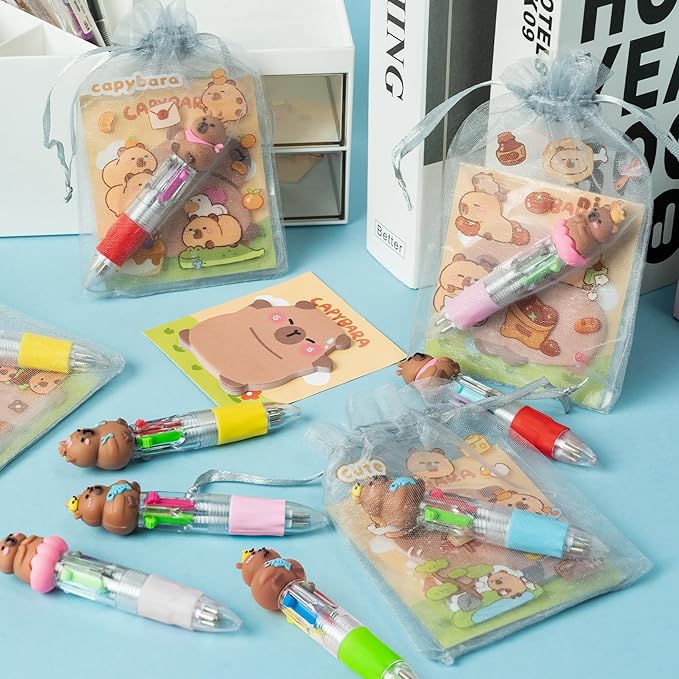 CY2SIDE Capybara Stationery Party Gift - 12 Pack Birthday Gift Set with Fun Animal 4-in-1 Ballpoint Pen Sticky Note Sticker and Organza Capybara Party Favor Goodie Bag Fillers for School Rewards