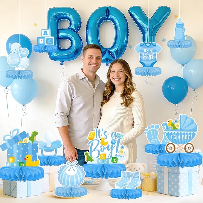 Boy Baby Shower Decorations Set - Kit with blue Honeycomb Centerpiece, Baby Reveal & Themed Table Decor for the Baby Boy Shower Decorations