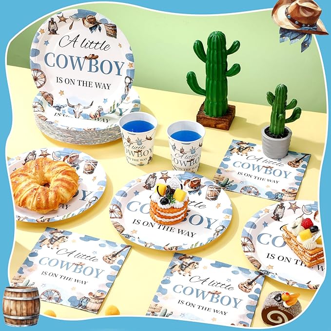 Hushee 200 Pcs a Little Cowboy Is on The Way Baby Shower Paper Plates Napkins Cups Baby Shower Party Supplies Tableware Set Cowboy Disposable Cup Napkin for 50 Guest Boy Girl Spring Decoration