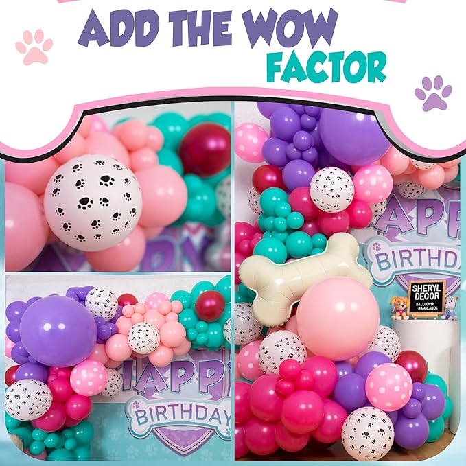 ALL-IN-1 Paw Balloon Garland Arch Kit with BONUS Bone & Paw Print Balloons – Pink Paw Balloons Girl for Paw Birthday Decorations Girl – Paw Party Supplies