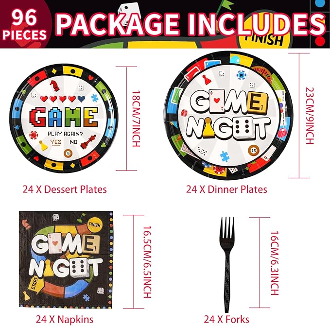 Grencian 96Pcs Family Game Night Party Supplies Family Game Plates and Napkins Disposable Gaming Paper Tableware Set for Birthday Kids Adults Gaming Night Party Decorations, Serves 24
