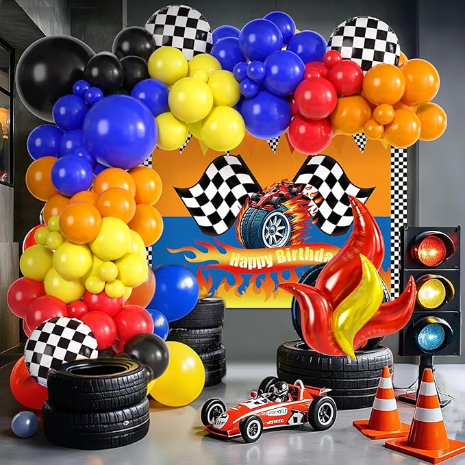 131 Wheels Race Car Birthday Party Decorations Supplies, Racing Red Blue Yellow Black Balloons Garland Arch Kit Backdrop Tablecloth Checkered Foil Balloons, Boy Kid Girl Cars Party Decor