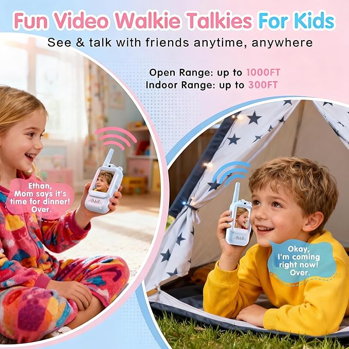 Kids Video Walkie Talkies 2 Pack, Rechargeable with HD Screen & 4 Voice Changers, Long Range Two-Way Radios Toys for Indoor-Outdoor Camping, Gifts for Boys Girls Ages 3-8 (Blue/Pink)