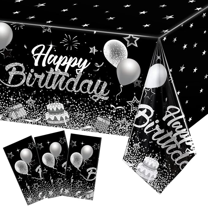 Breling Birthday Party Supplies Confetti Sprinkles Happy Birthday Tablecloths Starry Table Covers for Party Decorations, 54 x 108 Inches(Black and Silver,3 Pack)