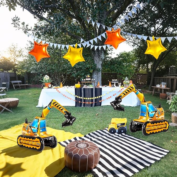 Construction Balloons, Self Standing 4D Excavator Balloon, Golden and Orange Star Balloon, Number 4 Foil Balloons for Kids 4th Birthday Party Decorations Supplies.(4th)