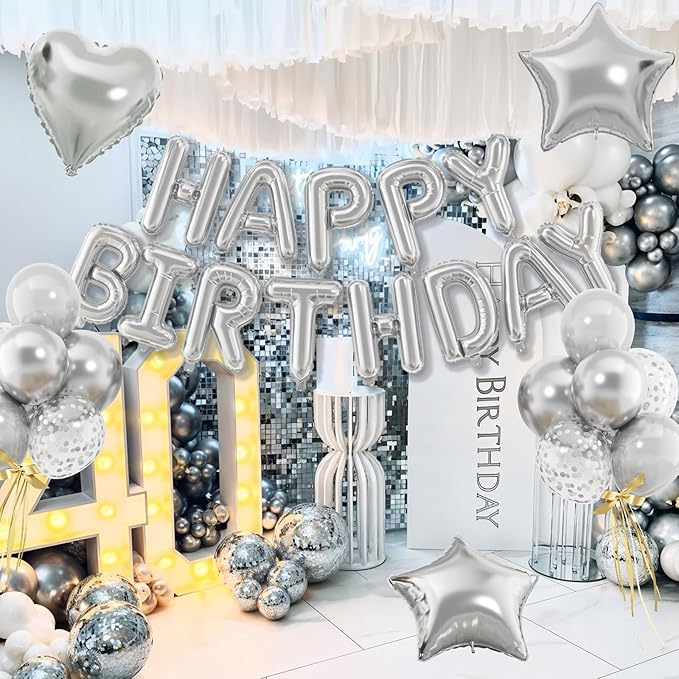 29PC Silver Happy Birthday Balloon Banner, 16 Inch 3D Aluminum Letter Banner Sign, Metallic Silver Pearl Latex Balloons 18 Inch Star Heart Foil Balloons for Women, Men Party Decorations