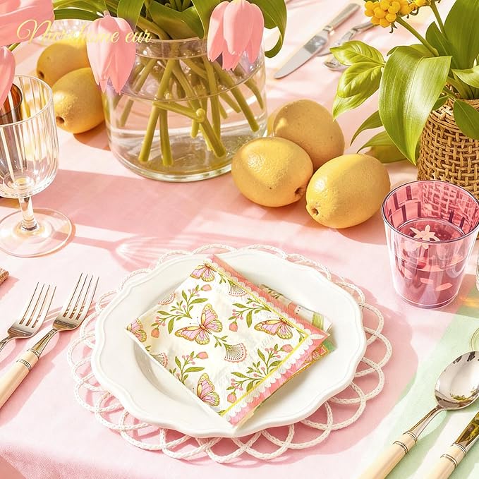Vintage Floral Paper Napkins 10x10 Inch - 24 Count Tea Party Disposable Napkins, Pink Green Tulip Butterfly Design 3-Ply Cocktail Napkins for Wedding, Birthday, Easter, Garden Party