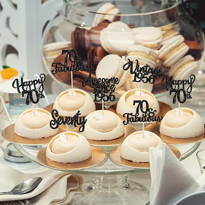 30Pcs Happy 70th Birthday Cupcake Toppers Glitter Seventy Vintage 1956 Cupcake Picks Cheers to 70 Fabulous Cake Decorations for 70th Birthday Wedding Anniversary Party Supplies Black