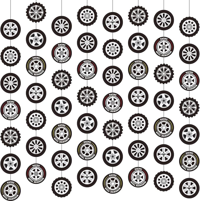 8 Pieces Race Car Party Decorations Wheel Tire Garland Banners Car Tyre Paper Cutouts for Racing Birthday Party Favors Classroom Supplies