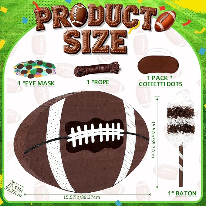 25" Football Pinata for Birthday Party, Sports Themed Party Decorations with Stick & Blindfold, Small American Football Pinata for Kids Boys, Fillable Paper Mache Centerpiece for Game Day Event Favors