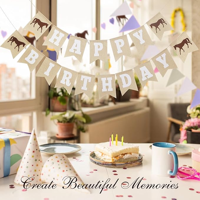 With Luxe & Love Horse Birthday Decorations – Happy Birthday Burlap Banner – Felt Horse Garland and Pennant Banner – Horse Party Decorations, Purple Hearts