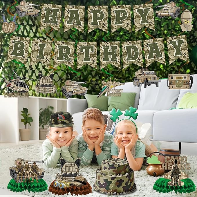 Army Birthday Party Decorations Include Camo Happy Birthday Banners Hanging Swirls Honeycomb Centerpieces Military Birthday Theme Party Supplies