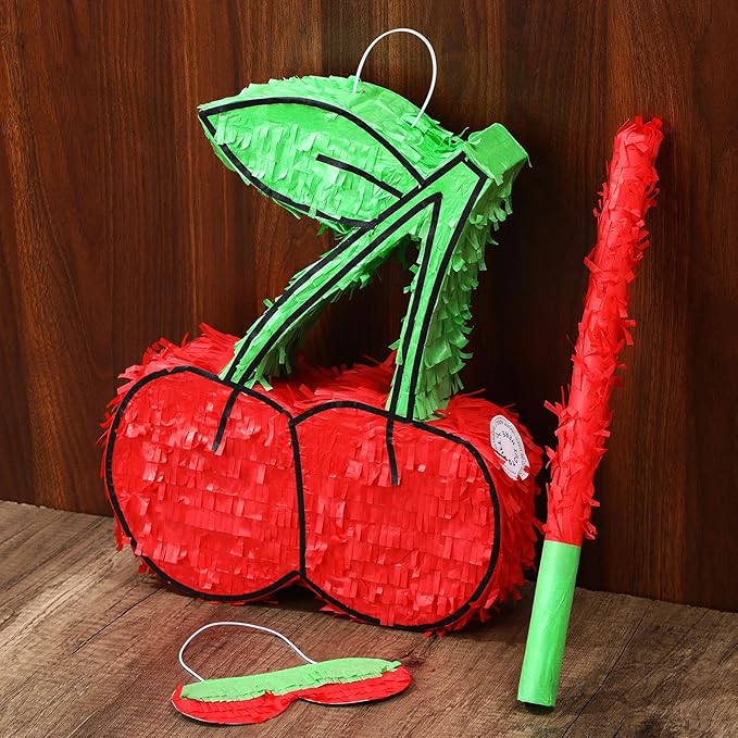Set of 3 Cherry Piñata Party Decorations She's Ready to Pop Baby Shower Game Supplies Red Piñata Coquette Party Game Set with Stick Eye Mask