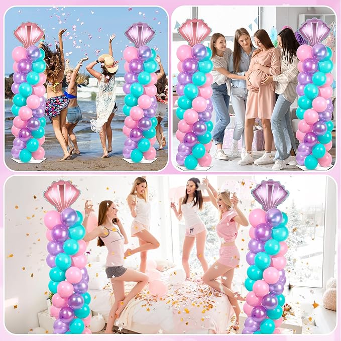 2 Sets Mermaid Party Balloon Column Stand Kit with 102 Balloons Beach Mermaid 5.57ft Adjustable Balloon Tower Stand with Bases Sea Shells Balloons Arch Column for Girl Princess Birthday Party Supplies