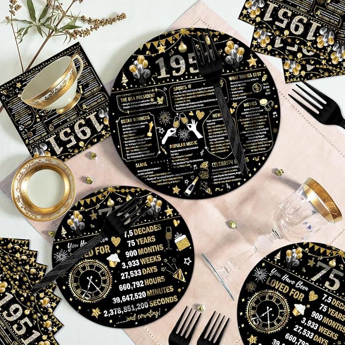 96PCS 75th Birthday Plates and Napkins Party Supplies 75th Birthday Decorations for Women Men 75th Anniversary Decorations Cheers to 75 Years Vintage 1951 Tableware Sets Serve 24 Guests