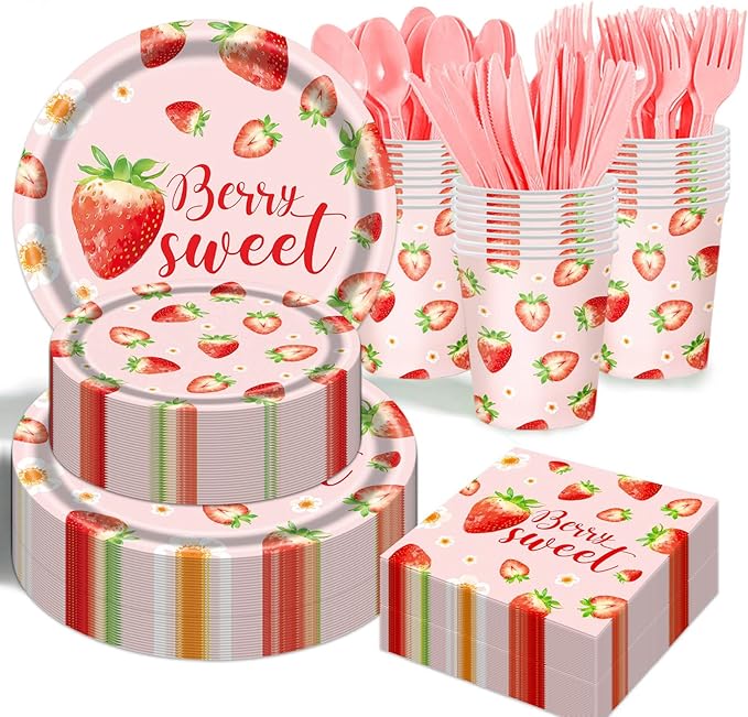 Strawberry Plates and Napkins Tableware Set - 350 Pcs Strawberry Baby Shower Party Birthday Supplies, Strawberry Shortcake Birthday Decorations for Berry Sweet Baby Shower (50 Guest)