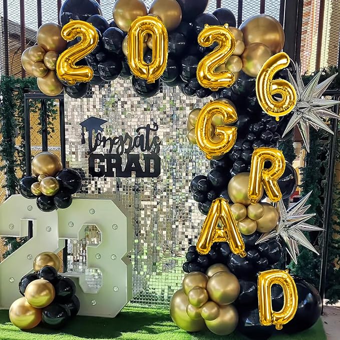 2026 Congrats Grad Balloons, 16 Inch Metallic Gold 2026 GRAD Foil Balloons Banner Sign for Graduation Decorations 2026, College High School Class of 2026 Graduate Congratulations Party Decor Supplies