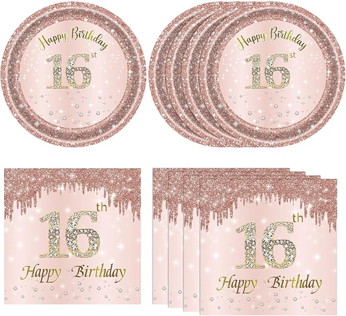40PCS 16th Birthday Decorations for Girls Rose Gold Sweet 16 Party Decorations Kits Include Sweet 16 Plates and Napkins Set Sweet 16 Table Decorations for Girls Teenager Princess Party Supplies