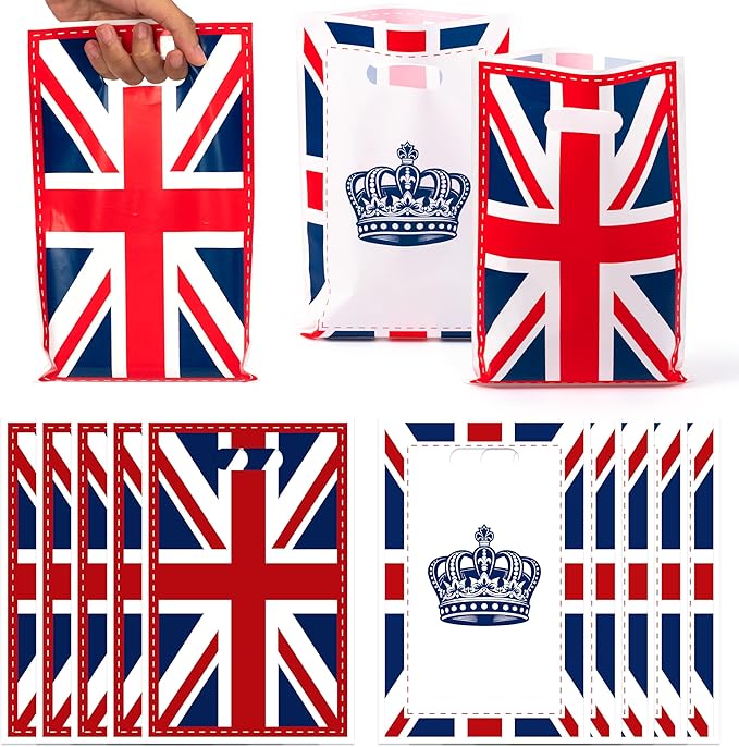 50Pcs British Flag England Party Favor Bag - UK Britain Crown Plastic Waterproof Goodie Bags United Kingdom Rectangular Gift Pack for Kids Family House Party Birthday Decoration Supplies