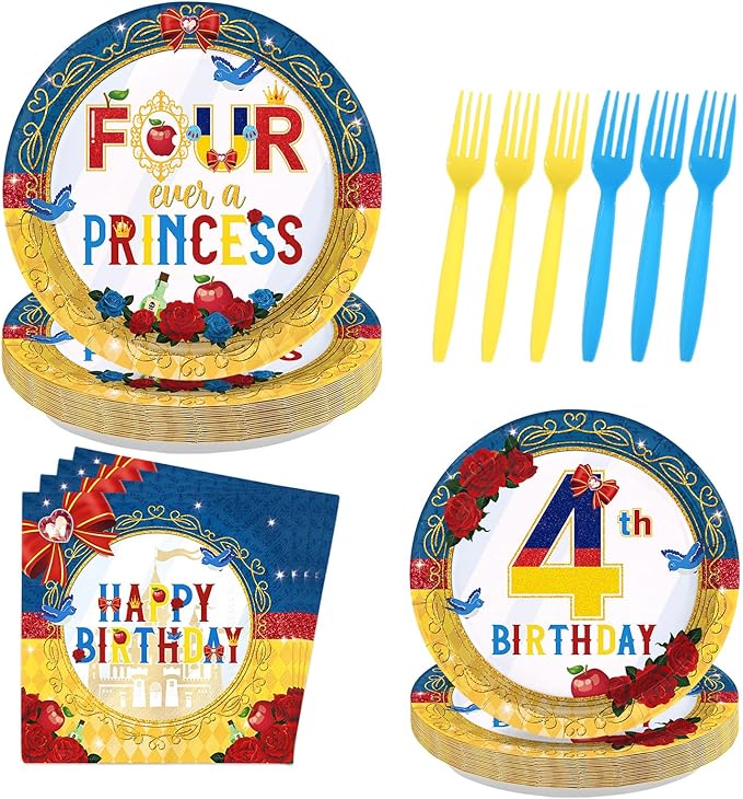 96 Pcs Snow Princess 4th Birthday Party Supplies Cartoon Snow Plates and Napkins Red Blue Yellow Tableware Set for Girls 4th Birthday Baby Shower Princess Theme Party Supplies, Serves 24