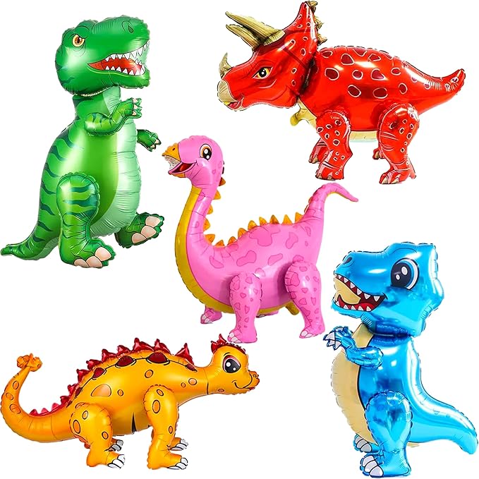 LilyZheng 5-Pack 3D Dinosaur Balloons Self-Standing Foil Balloons Inflatable Dino Party Decorations for Kids Birthday Jurassic Theme Dinosaur Birthday Supplies