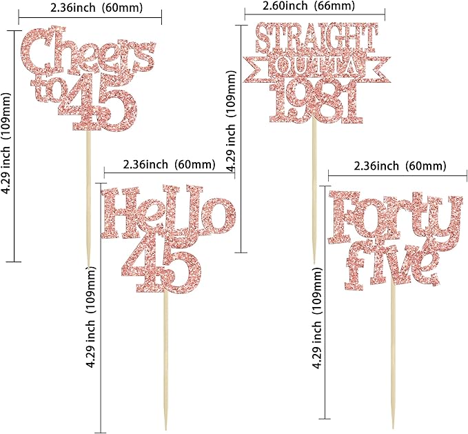Ephlyn 24Pcs 45th Birthday Cupcake Toppers Glitter Straight Outta 1981 Cupcake Picks Hello 45 Cheers to 45 Years Cake Decorations for 45th Birthday Anniversary Party Decorations Supplies Rose Gold