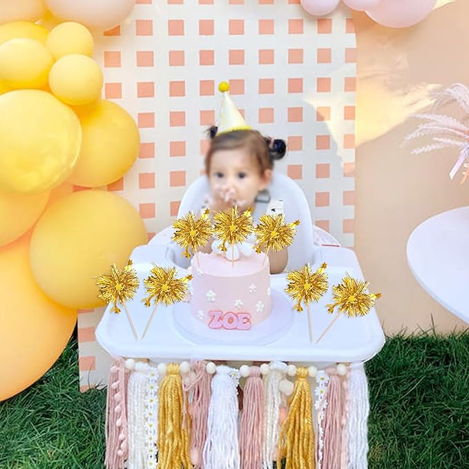 30 PCS Foil Firework Cupcake Toppers Star Cupcake Picks Sparkle Tinsel Flower Drink Stirrers Cocktail Food Fruit Toothpicks for Baby Shower Wedding Birthday Party Cake Decorations Supplies Gold