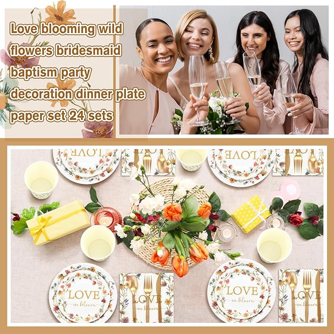 24 Set Love Is in Bloom Wildflower Bridal Shower Decorations Tableware Set Floral 9" 7" Paper Plates Cups Napkins Party Supplies Elegant Dinnerware for Bridal Shower Wedding Birthday Party