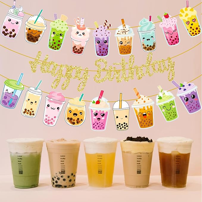 3pcs Bubble Tea Birthday Party Banners Boba Tea Birthday Decorations Gold Glitter Happy Birthday Banner Bubble Mill Tea Cutout Garlands for Baby Shower Supplies