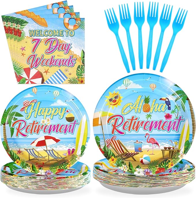Grencian 96Pcs Tropical Retirement Party Decorations Hawaiian Aloha Retirement Plates and Napkins Disposable Hawaiian Luau Paper Tableware Set for Summer Beach Theme Party Supplies, Serves 24