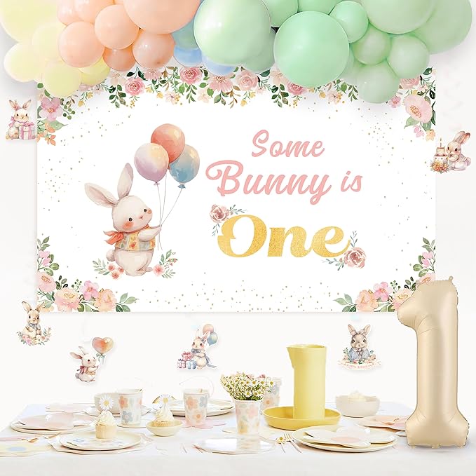 Some Bunny is One Decorations, 142PCS First Birthday Decorations with Backdrop, Hanging Swirls Ceiling Decoration and Balloons for Girl Rabbit Themed Party