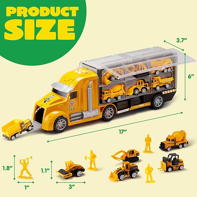 JOYIN 25 in 1 Kids Construction Truck Toy Set, 24Pcs Push and Go Cars and Worker Figures, Toddler Play Vehicles with Sounds and Light, Birthday Gifts for 3 4 5 6 7 Years Old Grandkids, Easter Basket