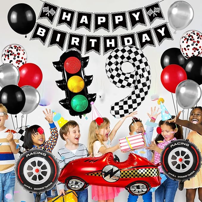 Race Car Birthday Party Decorations, with 40 Inch Number 9 Balloon, Happy Birthday Banner, Traffic Light and Foil Tire Balloon for 9th Car Themed Birthday Party Supplies