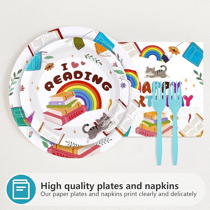 96Pcs Book Theme Birthday Party Supplies I Love Reading Plates and Napkins Library Reading Themed Tableware Set for Club Back to School Book-Themed Birthday Party Supplies，Serves 24