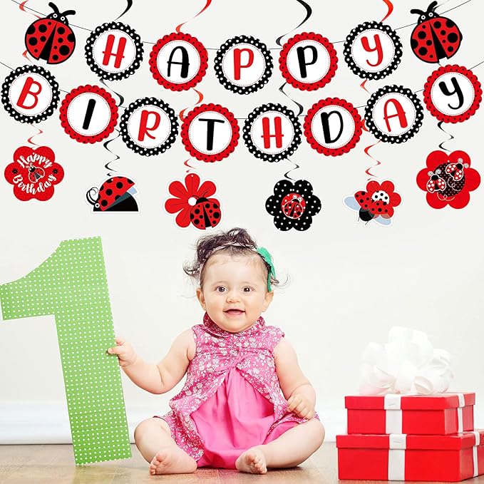 Ladybug Fancy Birthday Party Decoration Kit Cute Ladybug Birthday Banner Ladybugs Honeycomb Centerpiece Hanging Swirls Decoration for Girls Baby Shower Party Supplies