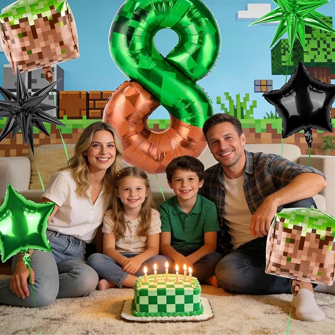40 Inch Green Pixel Miner Number 8 Balloon Set, 7Pcs MIning Large Foil Balloon Video Game Themed Party Party Decorations for Kids' Anniversary Balloon Party Supplies Supplies