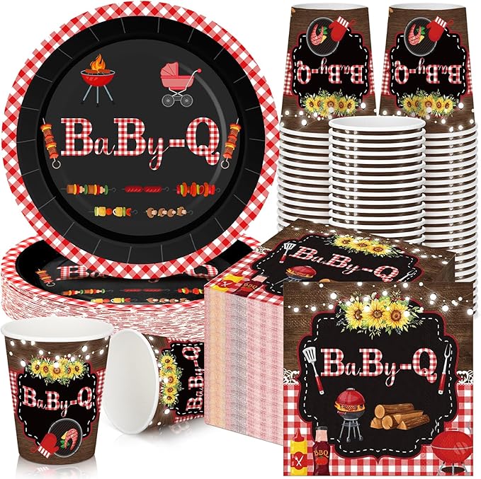 Hushee 200 Pcs BBQ Baby Shower Paper Plates Cups Napkins Party Supplies Tableware Set Disposable Cup Napkin for 50 Guest Party Decoration