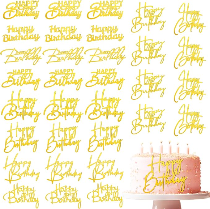 Barydat 50 Pcs Happy Birthday Cake Toppers Bulk Mirror Acrylic Cupcake Topper Cupcake Decorations Happy Birthday Sign for Cake Side Inserts Decor Party Supplies 10 Style(Gold)