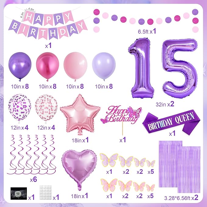 15th Purple Birthday Decorations for Girls, Pink and Purple Happy 15 Birthday Party Decorations with Happy Birthday Banner, Number Foil Balloons, Butterfly Cake Topper for 15th Party Supplies