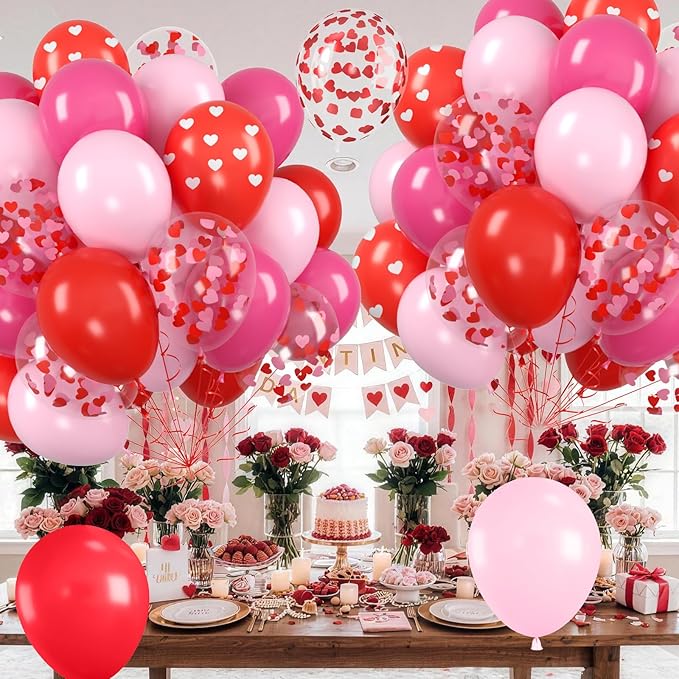 Red and Pink Balloons, Valentine's Day Balloon with Red Pink Heart Printed Confetti Latex Balloons For Valentine Party Birthday Baby Shower Party Wedding Bridal Anniversary Engagement Decorations