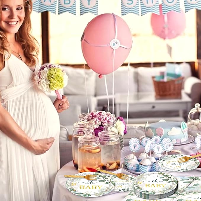 Sage Green Baby Shower Decorations - 96PCS Sage Plates and Napkins Party Supplies Welcome Little One Green Baby Shower Disposable Paper Tableware Set Serves 24 Guests